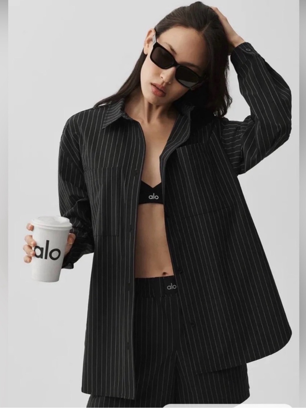 Alo Yoga Pinstripe Daylight Button Down Long Sleeve Shirt Black Titanium Small